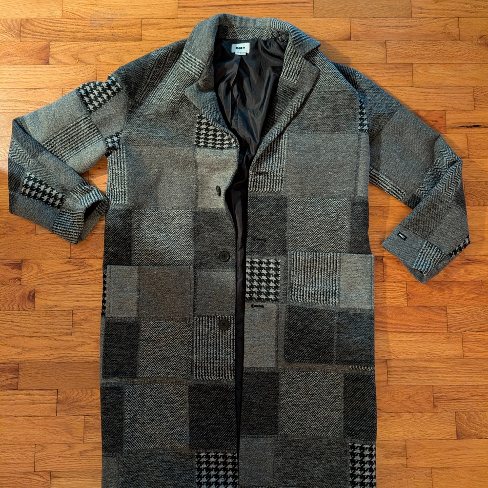 Obey Urban Outfitters Marvin Driver Charcoal and Black Patchwork Pea Coat
